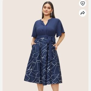 BloomChic Plus Size 6XL Geometric Flat Collar With V Notch Belted Dress us30